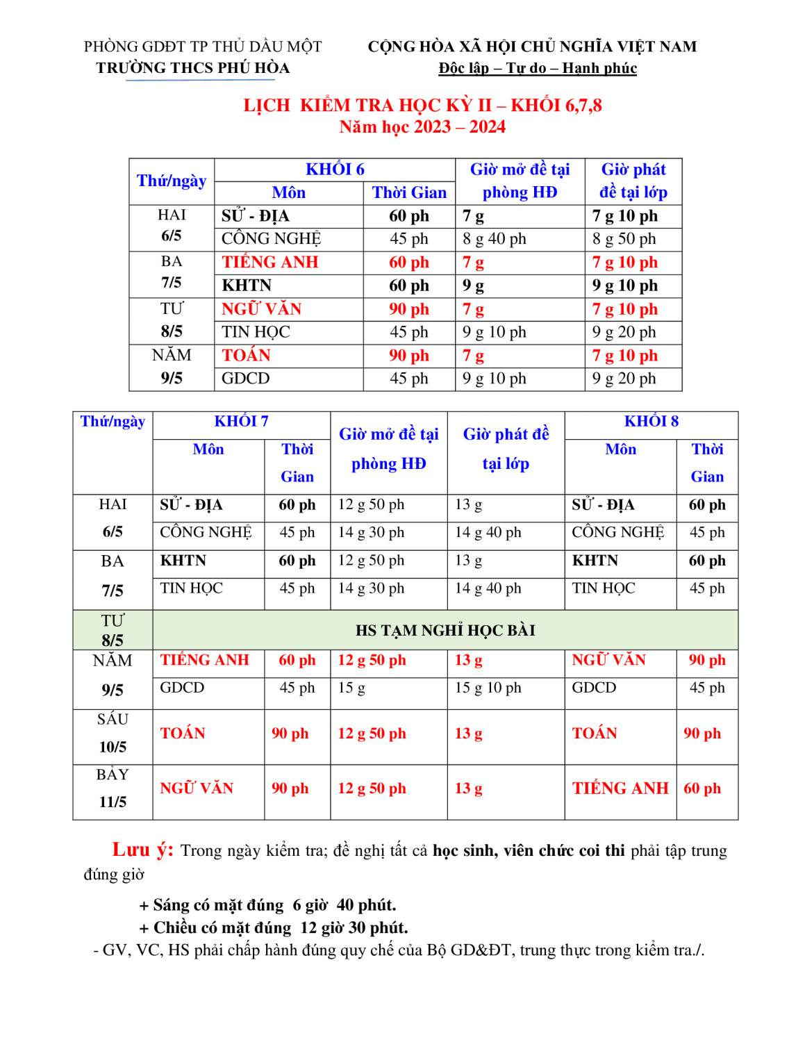 LỊCH KIỂM TRA HKII KHỐI 6 7 8