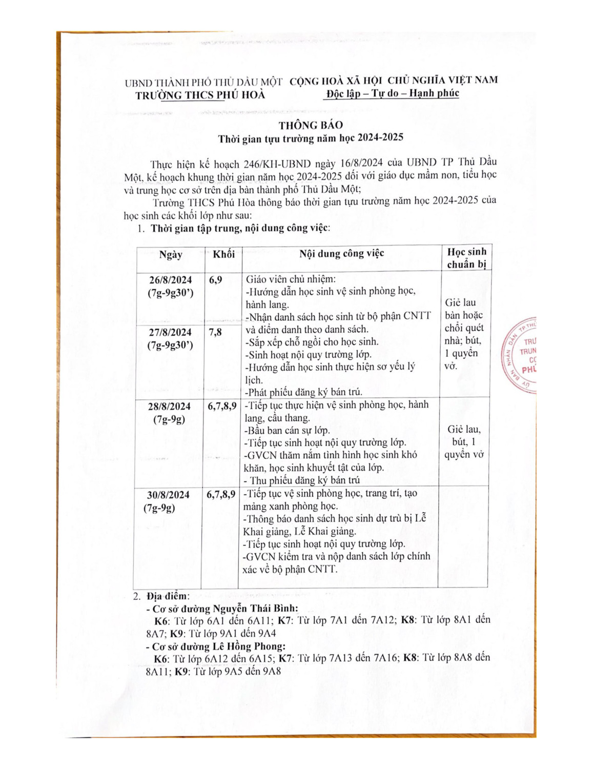 THÔNG BÁO THỜI GIAN TỰU TRƯỜNG NĂM HỌC 2024 2025 hình ảnh 0