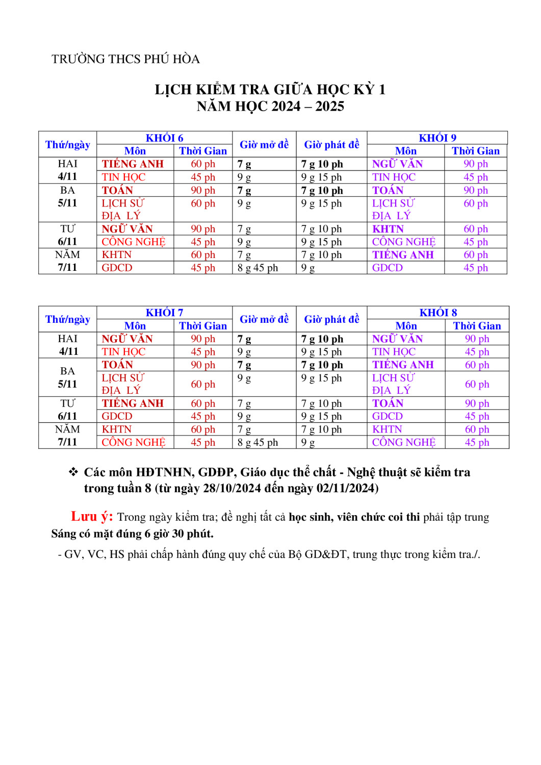 LỊCH KIỂM TRA GIỮA KỲ 1 1